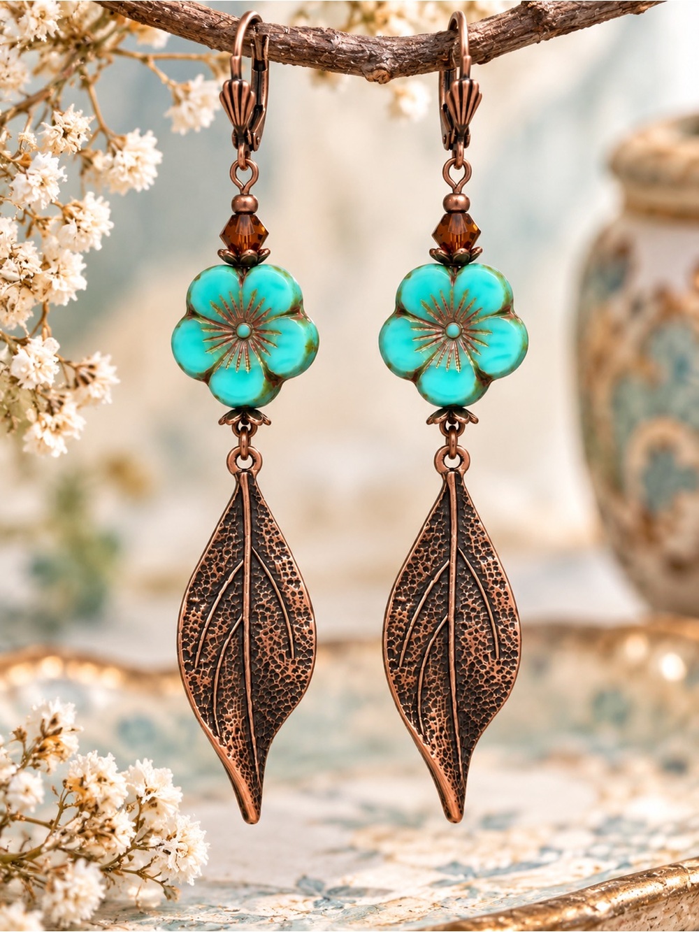 Handmade Czech Glass Turquoise Flower Antique Copper Leaf Earrings